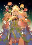  1girl blonde_hair celine_(fire_emblem) corset crown d4ggerfish dress fire_emblem fire_emblem_engage flower frilled_dress frills green_eyes hair_ornament highres holding holding_sword holding_weapon levin_sword long_hair ribbon sword very_long_hair weapon 