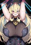  1girl absurdres arms_up blonde_hair blue_eyes blush breasts chain chained covered_nipples fairy_knight_gawain_(fate) fairy_knight_gawain_(second_ascension)_(fate) fate/grand_order fate_(series) heterochromia highres huge_breasts imuzi jewelry large_breasts long_hair pendant red_eyes sleeveless 