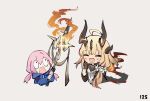  2girls :d ahoge arknights black_bodysuit black_gloves blonde_hair blue_jacket blue_poison_(arknights) bodysuit chibi dailybloopy dragon_girl dragon_horns dragon_tail dress fire flame-tipped_tail flower gloves hair_flower hair_ornament hand_up holding holding_staff horns jacket laughing long_hair long_sleeves low_twintails multiple_girls numbered official_alternate_costume open_mouth pink_hair rectangular_mouth reed_(arknights) reed_the_flame_shadow_(arknights) screaming simple_background smile staff tail twintails very_long_hair white_background white_dress white_flower wide-eyed 