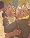  2023 absurd_res anthro bear black_nose blush bolero_(ernest_and_celestine) brown_body clothing duo embrace ernest_(ernest_and_celestine) ernest_and_celestine food hi_res hug humanoid_hands jackiry kissing male male/male mammal shirt topwear 