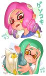  2girls banana blue_hair blunt_bangs brown_eyes curly_hair domino_mask food fruit ikachangenema inkling inkling_girl long_hair mask multiple_girls octoling octoling_girl open_mouth pink_hair pointy_ears red_eyes sexually_suggestive short_hair splatoon_(series) suction_cups tentacle_hair 