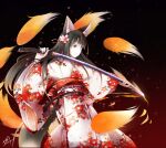  1girl animal_ear_fluff animal_ears bellflower black_hair blunt_bangs fiery_background fire floral_print flower fox_ears fox_tail fudo_shin gradient_eyes hair_flower hair_ornament highres holding holding_sword holding_weapon japanese_clothes kimono kitsunegasaki_tametsugu_(tenka_hyakken) long_hair multicolored_eyes obi obiage obijime sash sidelocks solo sword tachi_(weapon) tail teeth tenka_hyakken weapon wide_sleeves 