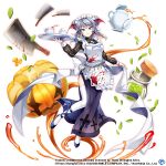  1girl alternate_costume apron bat_wings blue_eyes braid closed_mouth commentary copyright_name cup earrings english_commentary flask full_body game_cg grey_hair halloween halloween_costume head_wings holding holding_tray izayoi_sakuya izayoi_sakuya_(would_you_like_pumpkin_tea?) jack-o&#039;-lantern jewelry long_sleeves looking_at_viewer machete maid maid_headdress medium_hair pocket_watch rotte_(1109) side_braids simple_background smile solo stained_clothes tea teacup teapot thighhighs third-party_source touhou touhou_lost_word tray twin_braids watch white_apron white_background white_thighhighs wings 