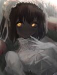  1girl akai_ringo_(eveyuno) black_hair dark-skinned_female dark_skin dress gloves glowing glowing_eyes hairband lace lace_gloves lolita_hairband looking_at_viewer lying on_back original parted_lips short_hair sketch smile solo upper_body white_dress white_gloves white_hairband yellow_eyes 