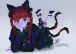  1girl :3 animal_ears black_bow black_dress bow braid cat_ears cat_tail dress extra_ears frills grey_background hand_on_own_face highres himuhino kaenbyou_rin leg_ribbon looking_at_viewer multiple_tails pantyhose pointy_ears puffy_sleeves red_eyes red_hair ribbon shadow slit_pupils solo tail touhou twin_braids two_tails white_background white_pantyhose 