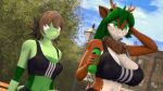  3d_(artwork) 4k absurd_res anthro antlers big_breasts bottle breast_envy breasts buckteeth clothing container deer digital_media_(artwork) donglysfm duo female flat_chested green_hair hair hi_res horn lily_springtail_(donglysfm) lizard mammal mature_female meme meme_clothing neck_tuft outside reptile revamped_anthros scalie scut_tail short_tail size_difference source_filmmaker sports_bra_difference_meme tail tea_tree_(donglysfm) teeth tuft water_bottle 