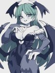  1girl animal_print bat_print black_leotard blush breasts cleavage collarbone demon_girl demon_tail demon_wings green_hair head_wings large_breasts leotard long_hair looking_at_viewer morrigan_aensland open_mouth pantyhose partially_colored slammo smile solo tail unfinished vampire_(game) wings 