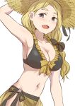  1girl :d arm_up armpits bare_arms bikini bikini_skirt black_bow blonde_hair blue_eyes bow bow_bikini breasts cleavage collarbone cowboy_shot fire_emblem fire_emblem:_three_houses frilled_bikini frills hair_bow hand_on_headwear hat kuhuku006f86 large_breasts light_blush long_hair looking_at_viewer mercedes_von_martritz navel open_mouth parted_bangs see-through see-through_skirt sideboob simple_background skirt smile solo straw_hat striped striped_bow swimsuit tongue two-tone_bikini wavy_hair white_background yellow_bow 