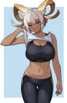 1girl animal_ears arknights bare_arms bare_shoulders black_pants breasts carnelian_(arknights) clothes_lift commentary cowboy_shot crop_top fangs_(fangs_art) head_tilt highres horns large_breasts leggings looking_at_viewer midriff navel pants red_eyes shirt shirt_lift short_hair smile solo sports_bra standing stomach thighs white_hair white_shirt 