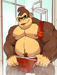  2023 anthro ape balls_outline barazoku bathing body_hair bulge clothed clothing clothing_pull detailed_bulge digital_media_(artwork) donkey_kong_(character) donkey_kong_(series) genital_outline gorilla half-closed_eyes haplorhine happy_trail hi_res looking_down male mammal muscular muscular_anthro muscular_male narrowed_eyes necktie nintendo nipples pecs portrait primate shower showering skyskater slightly_chubby solo standing steam story story_in_description three-quarter_portrait topless undressing water wet wet_body wrestling_singlet 