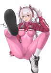  1girl absurdres alice_(nikke) bodysuit breasts full_body ghhoward gloves goddess_of_victory:_nikke grey_hair hand_up highres legs long_sleeves looking_at_viewer nail_polish open_mouth pink_bodysuit red_bodysuit shoes simple_background sitting sneakers soles solo teeth two-tone_bodysuit upper_teeth_only white_background white_footwear 