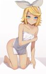  aruman barefoot blonde_hair blue_eyes bow breasts collarbone full_body hair_bow hair_ornament hairband hairclip half-closed_eyes highres holding_own_arm kagamine_rin kneeling looking_at_viewer naked_towel paid_reward_available short_hair simple_background small_breasts smile swept_bangs thighs toes towel variant_set vocaloid white_background white_bow white_hairband white_towel 
