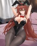  ahoge animal_ears arms_behind_head artist_request breasts brown_eyes brown_hair hair_flaps highres kantai_collection large_breasts long_hair pantyhose playboy_bunny rabbit_ears shiratsuyu_(kancolle) very_long_hair 