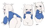  anthro areola blush bodily_fluids bottomless breasts butt cave_story clothed clothing female fur genitals gomogomo hi_res lagomorph looking_back mammal mimiga nipples pussy solo sue_sakamoto sweat white_body white_fur 