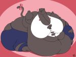  2018 3_toes 4:3 4_fingers accessory anthro bar_emanata barefoot batspid2 belly big_belly big_breasts big_butt biped black_nose blue_bottomwear blue_clothing bottomwear breasts brown_body brown_fur butt button_(fastener) cleavage clothed clothing digital_drawing_(artwork) digital_media_(artwork) domestic_cat double_chin emanata eyebrows eyelashes eyes_closed feet felid feline felis female fingers flabby_arms flat_colors front_view full-length_portrait fur furgonomics huge_breasts huge_butt huge_thighs hyper hyper_belly hyper_breasts hyper_butt hyper_hips hyper_thighs ineffective_clothing love_handles mammal morbidly_obese morbidly_obese_anthro morbidly_obese_female navel obese obese_anthro obese_female open_mouth overweight overweight_anthro overweight_female portrait ribbons signature simple_background sleeveless_shirt smile solo standing tail tail_accessory tail_ribbon teeth thick_thighs three-quarter_view tight_clothing toes topwear torn_clothing white_clothing white_topwear 