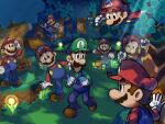  6+boys blue_overalls boots brothers brown_hair facial_hair forest gloves green_headwear green_shirt hat highres luigi mario mario_&amp;_luigi_rpg mario_(series) masanori_sato_(style) multiple_boys multiple_persona mustache nature open_mouth overalls red_headwear red_shirt shirt short_hair siblings tongue tongue_out tree white_gloves ya_mari_6363 