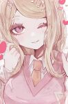  1girl ;) akamatsu_kaede blonde_hair blush breasts brown_necktie danganronpa_(series) danganronpa_v3:_killing_harmony hair_ornament hand_up heart large_breasts long_hair long_sleeves looking_at_viewer musical_note musical_note_hair_ornament naruse_(nal1525) necktie one_eye_closed pink_eyes pink_sweater_vest smile solo sweater_vest swept_bangs 