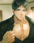  1boy bara black_hair blue_eyes clothes_pull domo_(domo_kizusuki) eyelashes highres indoors kokado_shido_(domo) large_pectorals light_rays looking_to_the_side male_focus muscular muscular_male original pectoral_cleavage pectorals pulled_by_self shirt shirt_pull short_hair sideburns solo thick_eyebrows tight_clothes tight_shirt upper_body veins 