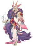  2022 3mohu anthro blue_eyes bubble capcom claws clothing digital_media_(artwork) fin full-length_portrait hair hi_res holding_fan holding_object leviathan_(mh) male mizutsune monster_hunter portrait purple_hair robe scales scalie simple_background solo white_background white_body white_scales 