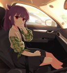  1girl absurdres alternate_costume alternate_hairstyle black_skirt blade blush car car_interior casual commentary_request commission green_sleeves hand_on_lap hand_up head_rest headgear highres konori_(ahurerukuiizi) looking_at_viewer looking_to_the_side motor_vehicle on_chair parted_lips plaid_sleeves ponytail purple_hair red_eyes seatbelt shirt sitting skeb_commission skirt solo tied_sleeves touhoku_kiritan voiceroid white_shirt 