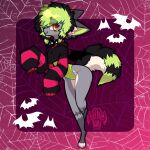  1:1 ambiguous_gender anthro back_wings bat black_body black_fur canid canine canis clothing collar crop_top crop_top_sweater domestic_dog fur green_highlights grey_body grey_fur half-closed_eyes hi_res highlights_(coloring) hybrid lamekun leotard mammal membrane_(anatomy) membranous_wings narrowed_eyes pattern_background shirt simple_background smile solo studded_collar topwear white_body white_fur wings 