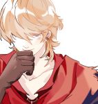  1boy blonde_hair blue_eyes blush brown_gloves closed_mouth earrings final_fantasy final_fantasy_xvi gloves hair_between_eyes hand_to_own_mouth highres jewelry joshua_rosfield male_focus medium_hair nuoi407 red_scarf scarf single_earring sketch smile solo upper_body white_background 