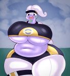  anthro belly big_breasts breasts clothing curvy_figure female generation_6_pokemon goodra hi_res huge_breasts huge_thighs inazuma_kat navel nintendo open_mouth outside overweight overweight_anthro overweight_female pokemon pokemon_(species) raining solo thick_thighs under_boob voluptuous wardrobe_malfunction wide_hips 