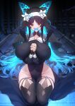  1girl black_headwear black_thighhighs blue_hair blue_nails blush breasts full_body gag highres huge_breasts improvised_gag kneeling long_hair nail_polish nun orange_eyes original own_hands_together sidelocks solo tape tape_gag thighhighs thighs xiujia_yihuizi 