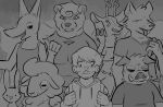  anthro bear bovid canid canine canis caprine cellphone clothed clothing deer digital_media_(artwork) domestic_dog female group hair hi_res human lagomorph leporid male mammal monochrome nervous open_mouth phone rabbit sheep suid suina sus_(pig) wild_boar wolf zzx 