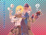  2boys alchemist_(ragnarok_online) artist_name back-to-back belt black_gloves blonde_hair blue_cape blue_eyes blush bow bowl brown_belt brown_cape brown_coat brown_pants cape coat commentary cowboy_shot creator_(ragnarok_online) dated fingerless_gloves gloves grin hair_between_eyes hair_ornament hat hat_bow heart heart_hair_ornament holding holding_bowl holding_plate holding_whisk holly holly_hat_ornament kanon_(rsl) light_brown_hair living_clothes long_bangs long_sleeves looking_at_viewer male_focus merry_christmas multiple_boys pants pink_bow plate poison pouch ragnarok_online round_teeth shaded_face sharp_teeth shirt short_hair skull smile teeth whipped_cream whisk white_gloves white_shirt yule_log 