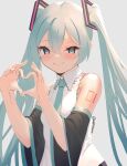  1girl aqua_eyes aqua_hair aqua_necktie black_sleeves blush closed_mouth collared_shirt detached_sleeves grey_background hands_up hatsune_miku heart heart_hands long_sleeves looking_at_viewer necktie shirt simple_background skeptycally sleeveless sleeveless_shirt smile solo twitter_username vocaloid white_shirt wide_sleeves 