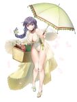  1girl almeria_rainlily ass_visible_through_thighs black_hair blunt_bangs braid breasts charon_(tw) choker covered_navel dairoku_ryouhei flower full_body gloves highres holding holding_umbrella large_breasts leaning_forward long_hair low-tied_long_hair one-piece_swimsuit parasol petals picnic_basket pink_eyes sandals smile solo swimsuit thermos transparent_background umbrella white_gloves white_one-piece_swimsuit yellow_umbrella 