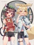  2girls :3 :d adapted_costume animal_ear_fluff animal_ears ass_visible_through_thighs bike_shorts blonde_hair breasts brown_eyes brown_hair cat_ears cat_tail chen commentary_request cowboy_shot fang fox_ears fox_tail frills gold_trim green_headwear hair_between_eyes hand_up happy hat heart highres ibaraki_natou kudamaki_tsukasa lifted_by_self midriff_peek mob_cap multiple_girls multiple_tails navel nekomata open_mouth short_hair small_breasts smile tail thigh_gap touhou two_tails yellow_eyes 