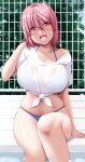  1girl bikini blue_bikini blush breasts collarbone feet_out_of_frame hair_between_eyes highres large_breasts looking_at_viewer navel nori_tamago open_mouth pink_hair red_eyes saigyouji_yuyuko short_hair sitting smile solo swimsuit touhou 