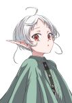  1girl :o absurdres ahoge cloak elf green_cloak highres looking_at_viewer mushoku_tensei open_mouth pointy_ears red_eyes short_hair simple_background solo syagare sylphiette_(mushoku_tensei) upper_body white_background white_hair 