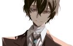  1boy bandage_on_neck black_hair brown_suit bungou_stray_dogs dazai_osamu_(bungou_stray_dogs) formal hair_between_eyes highres jacket looking_at_viewer male_focus red_eyes shirt short_hair sidelocks simple_background smile solo suit upper_body user_wjpu7573 white_background white_shirt 