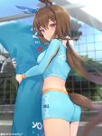  1girl absurdres admire_vega_(umamusume) animal_ears ass blurry blurry_background breasts brown_hair closed_mouth hair_between_eyes hair_ornament highres horse_ears horse_tail hug hugging_object lens_flare looking_at_viewer medium_breasts peteron pillow ponytail purple_eyes race_queen shorts solo tail twitter_username umamusume 