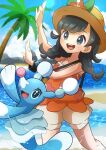  absurdres bare_shoulders black_hair blue_eyes blue_sky brionne cloud commentary_request fang grey_eyes hat highres horizon long_hair open_mouth palm_tree pokemon pokemon_(game) pokemon_usum refisa seal_(animal) selene_(pokemon) shorts sky smile sunlight teeth tree upper_teeth_only water 