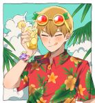  1boy blush border cup drinking_straw flower_bracelet food fruit hair_between_eyes hawaiian_shirt highres holding holding_cup korean_commentary lemon lemon_slice licking_lips male_focus mob_psycho_100 red-tinted_eyewear reigen_arataka shirt short_hair short_sleeves solo summer tinted_eyewear tongue tongue_out upper_body white_border zikko_100 