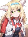  absurdres alternate_costume animal_ears arknights backpack bag beudelb blonde_hair blue_dress blush bow bowtie braid braided_hair_rings collared_shirt colored_tips commentary cosplay dress fox_ears fox_girl fox_tail green_eyes hair_rings highres holding_strap kitsune kyuubi long_sleeves looking_at_viewer multicolored_hair multiple_tails parted_lips pinafore_dress puffy_long_sleeves puffy_sleeves red_bag red_bow red_bowtie shigure_ui_(vtuber) shigure_ui_(vtuber)_(cosplay) shirt short_hair simple_background sleeveless sleeveless_dress suzuran_(arknights) tail twin_braids white_background white_hair white_shirt 