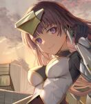  1girl alice_gear_aegis black_gloves brown_hair closed_mouth commentary_request dark_skin fatima_betrorum gloves headpiece highres looking_at_viewer purple_eyes smile solo sunga2usagi sunset 