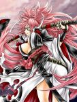  1girl baiken big_hair black_jacket black_kimono breasts cleavage eyepatch facial_tattoo guilty_gear guilty_gear_strive holding holding_sword holding_weapon jacket jacket_on_shoulders japanese_clothes kataginu katana kimono large_breasts long_hair long_sleeves mouth_hold multicolored_clothes multicolored_kimono one-eyed open_clothes open_kimono ponytail red_eyes red_hair samurai scar scar_across_eye stalk_in_mouth sword tattoo torn_sleeve weapon white_kimono zennomituaka 
