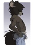  2023 ade_(capaoculta) anthro big_butt biped black_body black_fur black_hair blue_bottomwear blue_clothing blue_pants border bottomwear brown_clothing brown_hoodie brown_topwear bulge butt capaoculta clothing digital_media_(artwork) dressing fur grey_background grey_body grey_clothing grey_fur grey_inner_ear grey_underwear hair hair_over_eyes hi_res hoodie hyena male mammal pants simple_background solo spotted_hyena topwear underwear white_border 