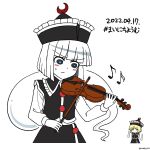  2girls black_eyes black_headwear blonde_hair bow_(music) bright_pupils commentary_request cosplay crescent crescent_hat_ornament dated frilled_hat frills ghost hat hat_ornament highres holding holding_instrument hoshii_1213 instrument konpaku_youmu konpaku_youmu_(ghost) lunasa_prismriver lunasa_prismriver_(cosplay) multiple_girls music musical_note playing_instrument short_hair simple_background solo_focus touhou twitter_username violin white_background white_hair white_pupils yellow_eyes 