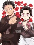  1boy 1girl a4h2maico absurdres apron belt black_belt black_hair blue_eyes blush bow bowtie brown_jacket brown_pants brown_shirt brown_suit candy checkered_clothes chocolate colored_eyelashes couple cowboy_shot flower-shaped_pupils food formal hair_ornament hakuji_(kimetsu_no_yaiba) heart heart-shaped_chocolate hetero highres jacket kimetsu_no_yaiba koyuki_(kimetsu_no_yaiba) looking_at_another maid maid_apron necktie pants pink_bow pink_bowtie pink_eyes shirt short_hair simple_background smile snowflake_hair_ornament suit symbol-shaped_pupils twitter_username valentine watermark white_background 