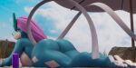  3d_(artwork) anthro big_breasts big_butt breasts butt digital_media_(artwork) eyewear female generation_2_pokemon glasses hair hi_res legendary_pokemon looking_back lying nintendo nude on_front outside pokemon pokemon_(species) purple_hair solo suicune thick_thighs umbrella wearing_glasses xlkev 