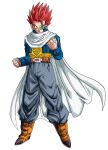  1boy baggy_pants belt blue_jacket boots cape dragon_ball dragon_ball_xenoverse full_body grey_pants highres jacket mirai_senshi pants red_hair scouter shirt simple_background solo spiked_hair white_background white_cape yellow_shirt 