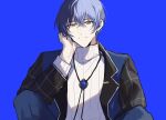  1boy aoyagi_touya black_jacket blue_background blue_gemstone blue_hair blue_jacket blue_pants bolo_tie closed_mouth commentary dark_blue_hair gem grey_eyes hair_between_eyes hand_on_own_head jacket lapels light_blue_hair looking_at_viewer male_focus multicolored_clothes multicolored_hair multicolored_jacket niyou_(2067858864) notched_lapels official_alternate_costume open_clothes open_jacket pants project_sekai short_hair solo split-color_hair sweater tie_clip turtleneck two-tone_hair two-tone_jacket upper_body white_sweater white_trim 