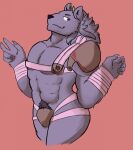  2017 5_fingers anthro armor bathym bulge canid canine canis claws demon finger_claws fingers fur grey_body grey_fur hi_res horn lifewonders lovelierfreak male mammal muscular muscular_anthro muscular_male navel portrait pubes simple_background skimpy_armor solo three-quarter_portrait tokyo_afterschool_summoners unconvincing_armor wolf 
