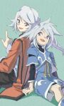  1boy 1girl age_difference blue_eyes brother_and_sister genis_sage grey_eyes grey_hair highres long_hair long_sleeves looking_at_another nanpou_(nanpou0021) open_mouth raine_sage siblings simple_background smile tales_of_(series) tales_of_symphonia white_hair 